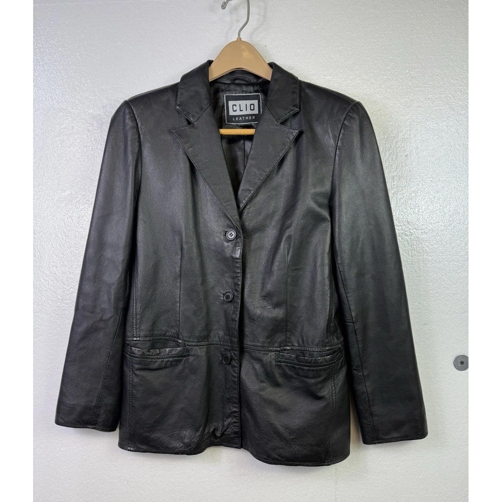 CLIO 100% Leather Blazer Womens Sz S‎ Black Office Casual Jacket Career Hipster